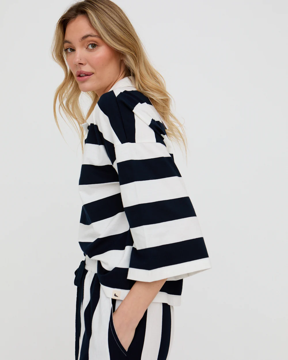 PREORDER - Maude Navy Stripe Print Rugby Top - Image 5